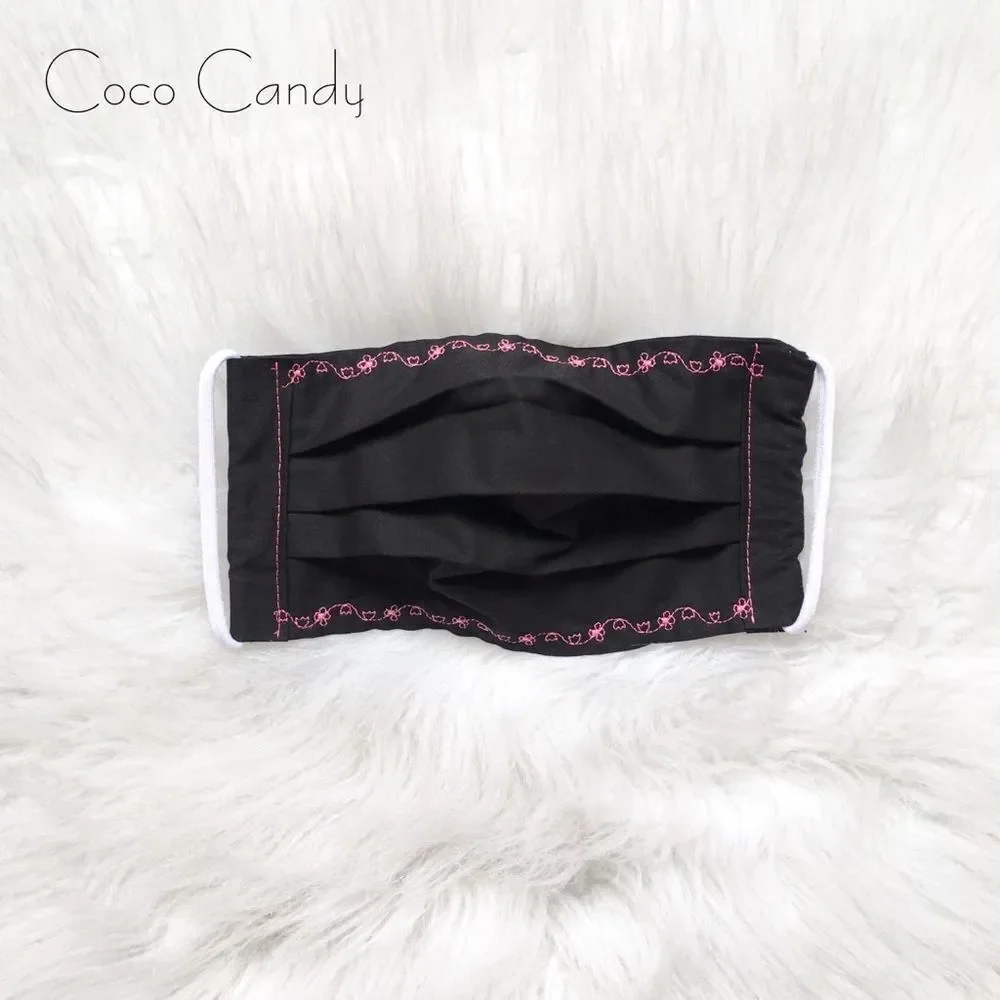 🆕Embroidered Pink Flower Black Fabric Reusable Face Mask